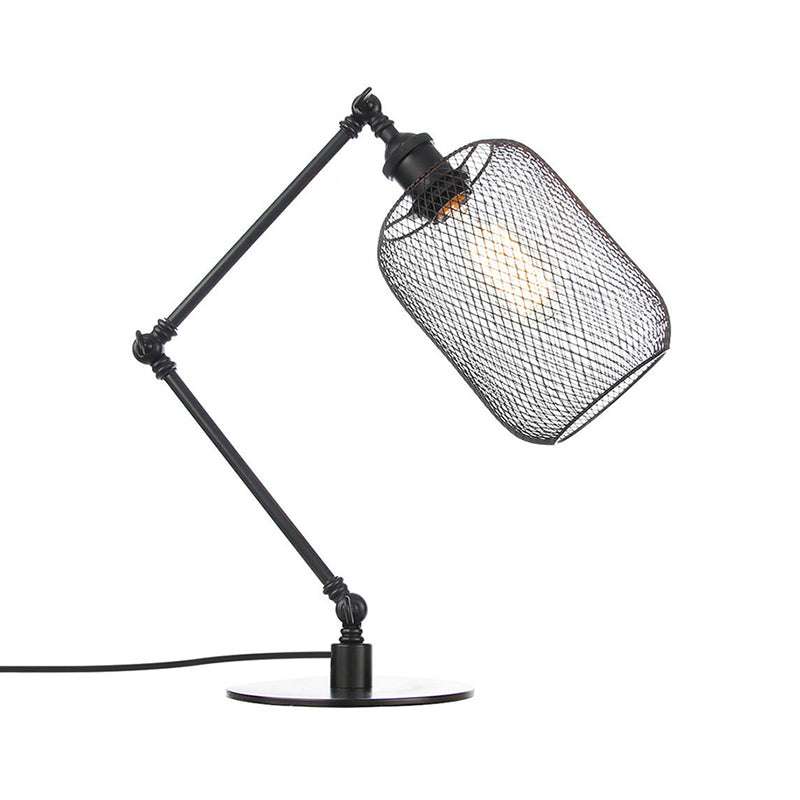 Metal Cylindrical Table Lighting Industrial Style 1 Light Black/Brass Finish Adjustable Table Light with Mesh Screen Clearhalo 'Lamps' 'Table Lamps' Lighting' 257168