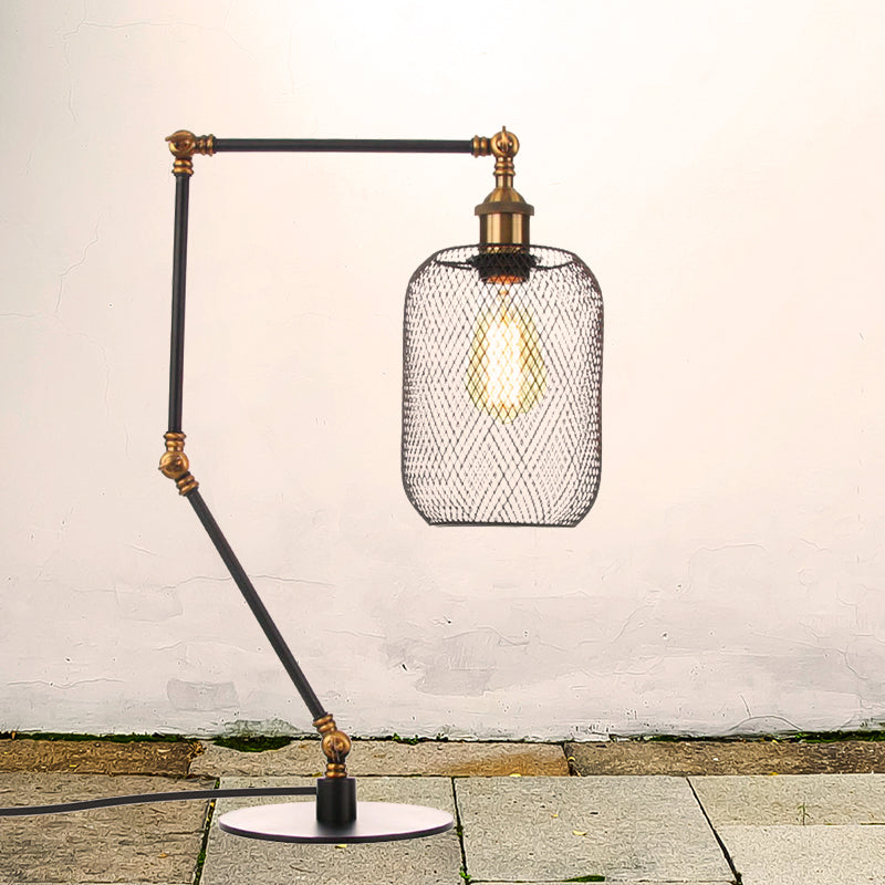 Metal Cylindrical Table Lighting Industrial Style 1 Light Black/Brass Finish Adjustable Table Light with Mesh Screen Brass B Clearhalo 'Lamps' 'Table Lamps' Lighting' 257173