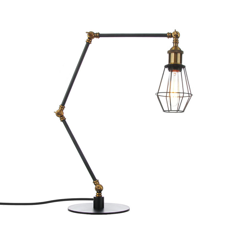 Wire Frame Table Lighting Industrial Style Metal 1 Light Black/Brass Finish Table Lamp with Adjustable Arm Clearhalo 'Lamps' 'Table Lamps' Lighting' 257208