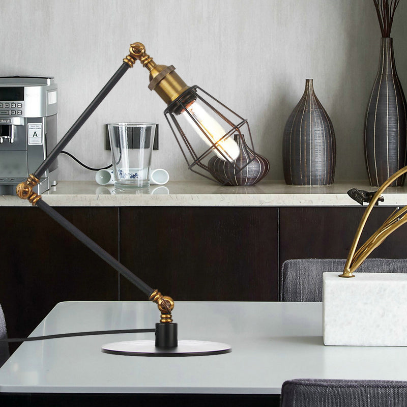 Wire Frame Table Lighting Industrial Style Metal 1 Light Black/Brass Finish Table Lamp with Adjustable Arm Brass A Clearhalo 'Lamps' 'Table Lamps' Lighting' 257209