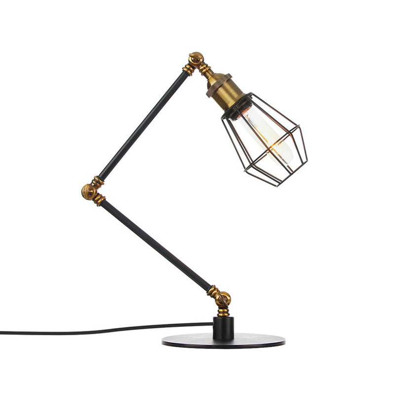 Wire Frame Table Lighting Industrial Style Metal 1 Light Black/Brass Finish Table Lamp with Adjustable Arm Clearhalo 'Lamps' 'Table Lamps' Lighting' 257212