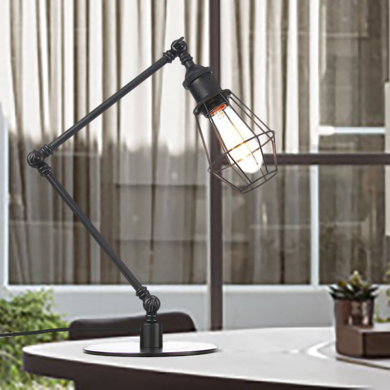 Wire Frame Table Lighting Industrial Style Metal 1 Light Black/Brass Finish Table Lamp with Adjustable Arm Clearhalo 'Lamps' 'Table Lamps' Lighting' 257218