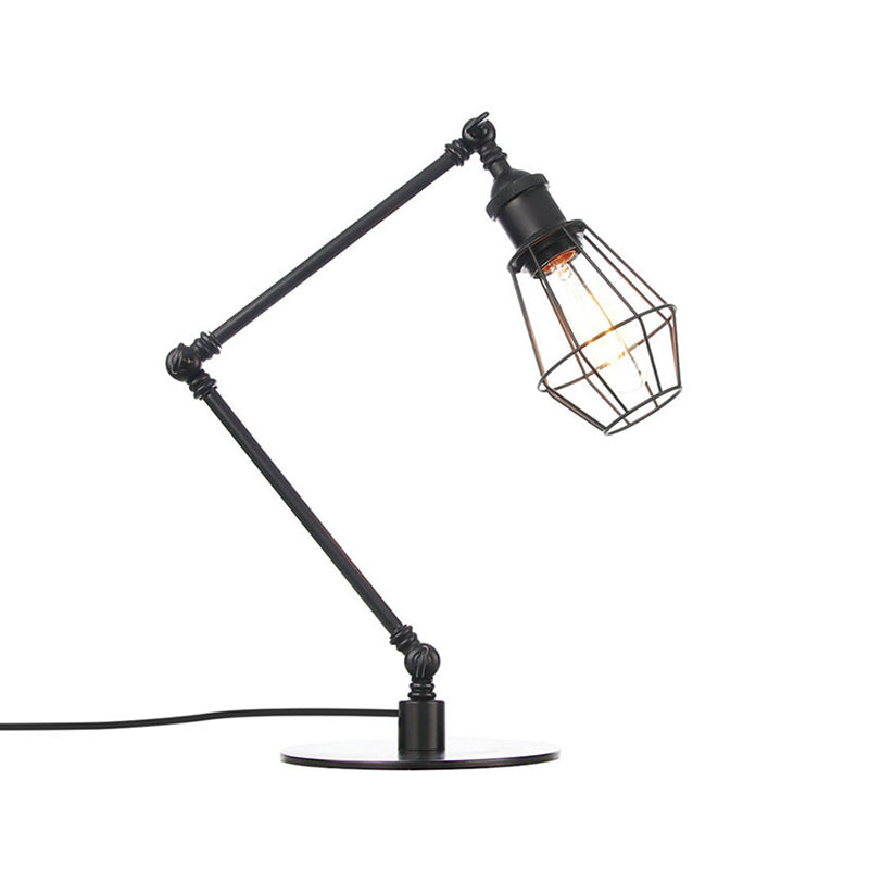 Wire Frame Table Lighting Industrial Style Metal 1 Light Black/Brass Finish Table Lamp with Adjustable Arm Clearhalo 'Lamps' 'Table Lamps' Lighting' 257220