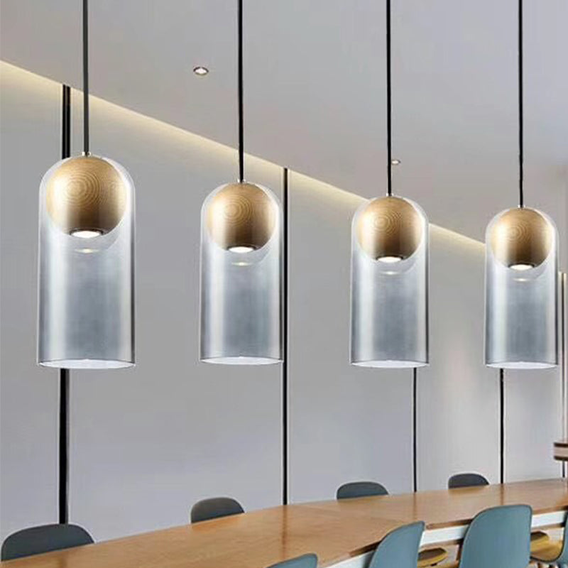 Cylinder Pendant Light Fixture Modern Smoke Gray Glass Dining Room Hanging Light with Globe Wood Shade Inside Clearhalo 'Ceiling Lights' 'Glass shade' 'Glass' 'Modern Pendants' 'Modern' 'Pendant Lights' 'Pendants' Lighting' 257223