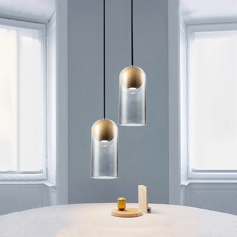 Cylinder Pendant Light Fixture Modern Smoke Gray Glass Dining Room Hanging Light with Globe Wood Shade Inside Smoke Gray Clearhalo 'Ceiling Lights' 'Glass shade' 'Glass' 'Modern Pendants' 'Modern' 'Pendant Lights' 'Pendants' Lighting' 257224