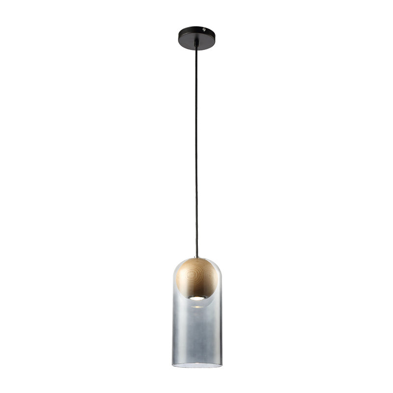 Cylinder Pendant Light Fixture Modern Smoke Gray Glass Dining Room Hanging Light with Globe Wood Shade Inside Clearhalo 'Ceiling Lights' 'Glass shade' 'Glass' 'Modern Pendants' 'Modern' 'Pendant Lights' 'Pendants' Lighting' 257225