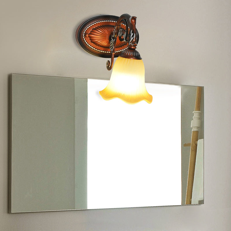 Flared Bathroom Vanity Lamp Traditional Frosted Glass 1/2/3 Lights Copper Sconce Light Fixture Clearhalo 'Vanity Lights' 'Wall Lights' Lighting' 257238