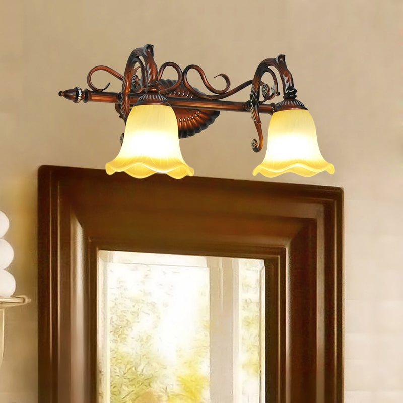 Flared Bathroom Vanity Lamp Traditional Frosted Glass 1/2/3 Lights Copper Sconce Light Fixture Clearhalo 'Vanity Lights' 'Wall Lights' Lighting' 257242