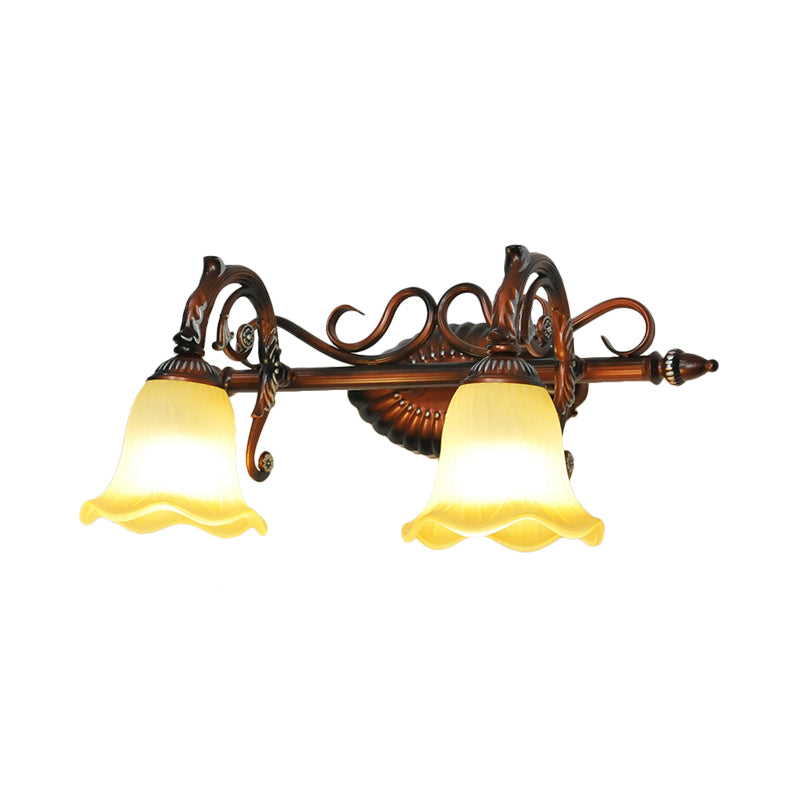 Flared Bathroom Vanity Lamp Traditional Frosted Glass 1/2/3 Lights Copper Sconce Light Fixture Clearhalo 'Vanity Lights' 'Wall Lights' Lighting' 257243