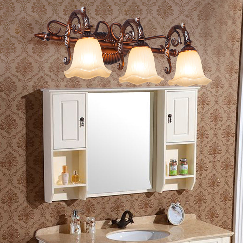 Flared Bathroom Vanity Lamp Traditional Frosted Glass 1/2/3 Lights Copper Sconce Light Fixture Clearhalo 'Vanity Lights' 'Wall Lights' Lighting' 257245