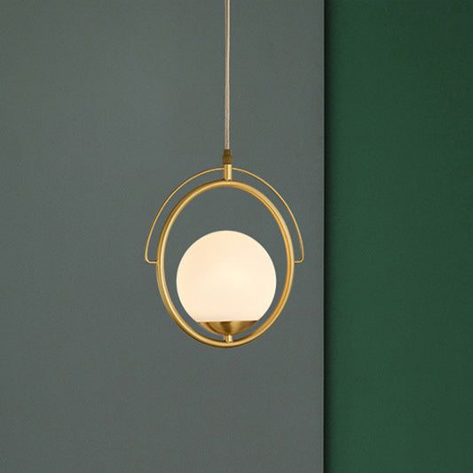 Brass Ring Hanging Ceiling Light Postmodern 1 Head Metal Pendant Lamp with Globe White Glass Shade Brass Clearhalo 'Ceiling Lights' 'Glass shade' 'Glass' 'Modern Pendants' 'Modern' 'Pendant Lights' 'Pendants' Lighting' 257248