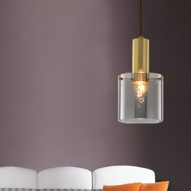 Cylinder Pendant Light Modern Clear Glass 1 Head Brass Hanging Ceiling Light for Dining Room Brass Clearhalo 'Ceiling Lights' 'Glass shade' 'Glass' 'Modern Pendants' 'Modern' 'Pendant Lights' 'Pendants' Lighting' 257270