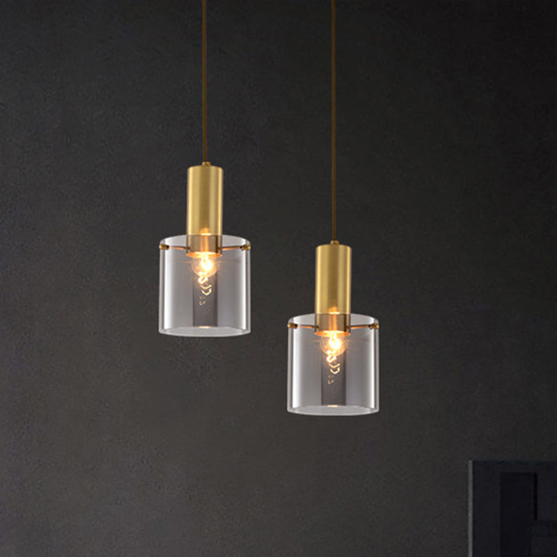 Cylinder Pendant Light Modern Clear Glass 1 Head Brass Hanging Ceiling Light for Dining Room Clearhalo 'Ceiling Lights' 'Glass shade' 'Glass' 'Modern Pendants' 'Modern' 'Pendant Lights' 'Pendants' Lighting' 257271