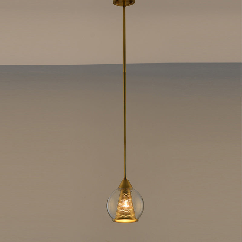 Sphere Pendant Ceiling Light Modern Smoke Gray Glass 1 Head Dining Room Hanging Lamp with Gold Cone Metal Shade Inside Brass Clearhalo 'Ceiling Lights' 'Glass shade' 'Glass' 'Modern Pendants' 'Modern' 'Pendant Lights' 'Pendants' Lighting' 257276