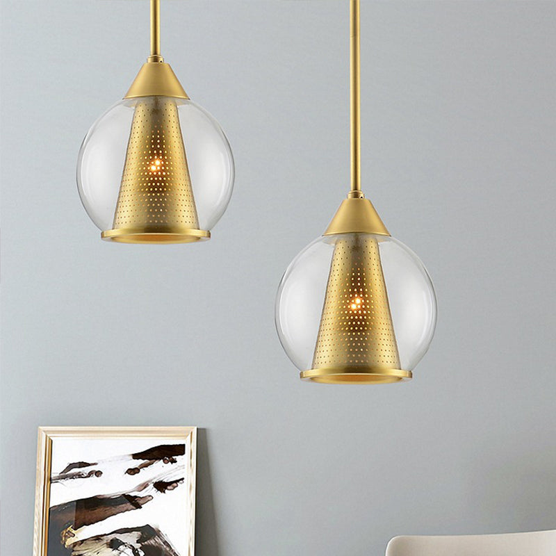 Sphere Pendant Ceiling Light Modern Smoke Gray Glass 1 Head Dining Room Hanging Lamp with Gold Cone Metal Shade Inside Clearhalo 'Ceiling Lights' 'Glass shade' 'Glass' 'Modern Pendants' 'Modern' 'Pendant Lights' 'Pendants' Lighting' 257278