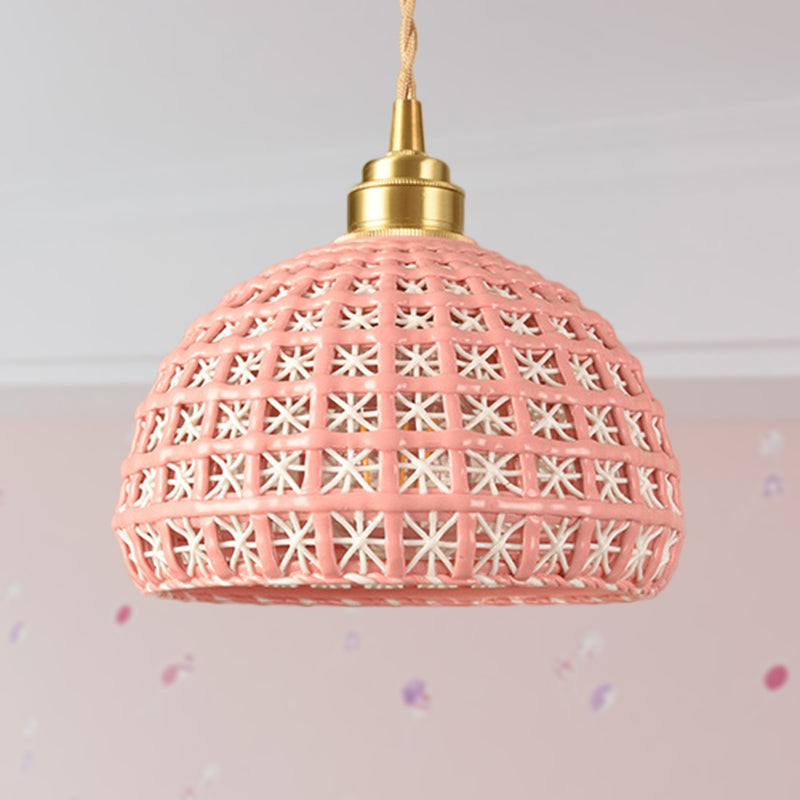 Blue/Pink Dome Suspension Lamp Vintage Stylish 1 Light Ceramic Hanging Lighting with Hollow Out Design Pink Clearhalo 'Art Deco Pendants' 'Cast Iron' 'Ceiling Lights' 'Ceramic' 'Crystal' 'Industrial Pendants' 'Industrial' 'Metal' 'Middle Century Pendants' 'Pendant Lights' 'Pendants' 'Tiffany' Lighting' 257342