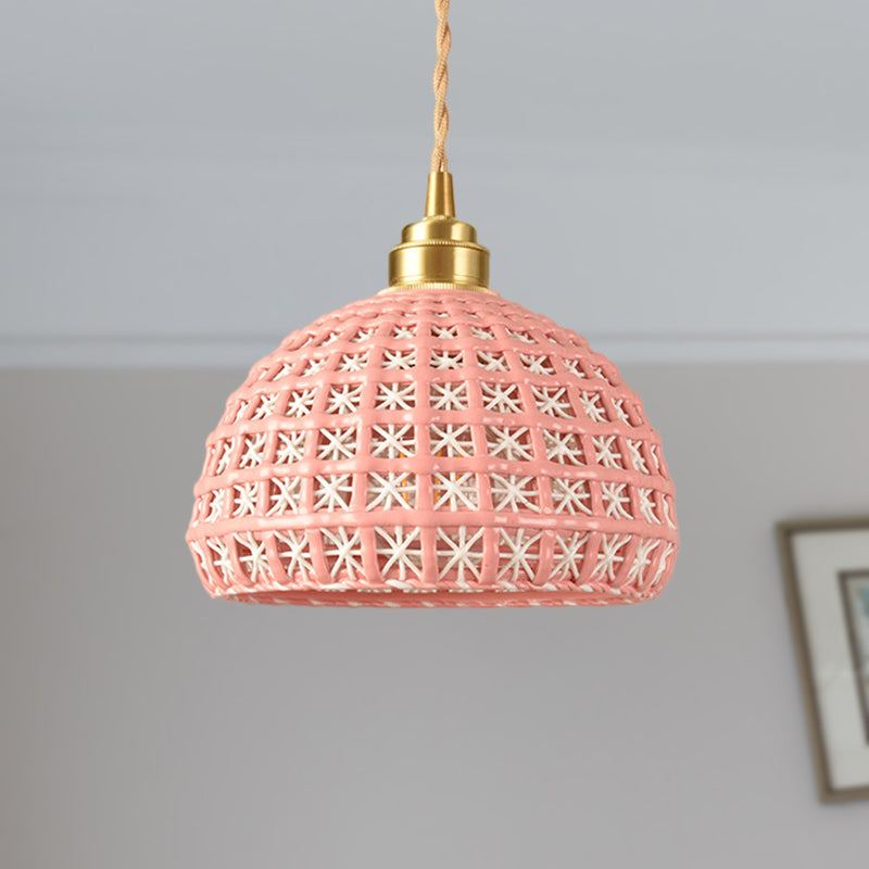 Blue/Pink Dome Suspension Lamp Vintage Stylish 1 Light Ceramic Hanging Lighting with Hollow Out Design Clearhalo 'Art Deco Pendants' 'Cast Iron' 'Ceiling Lights' 'Ceramic' 'Crystal' 'Industrial Pendants' 'Industrial' 'Metal' 'Middle Century Pendants' 'Pendant Lights' 'Pendants' 'Tiffany' Lighting' 257343