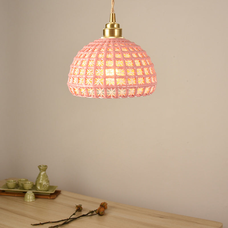 Blue/Pink Dome Suspension Lamp Vintage Stylish 1 Light Ceramic Hanging Lighting with Hollow Out Design Clearhalo 'Art Deco Pendants' 'Cast Iron' 'Ceiling Lights' 'Ceramic' 'Crystal' 'Industrial Pendants' 'Industrial' 'Metal' 'Middle Century Pendants' 'Pendant Lights' 'Pendants' 'Tiffany' Lighting' 257344