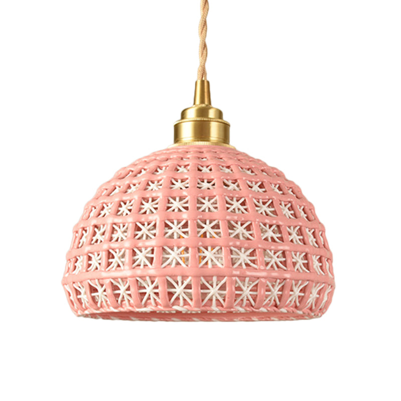 Blue/Pink Dome Suspension Lamp Vintage Stylish 1 Light Ceramic Hanging Lighting with Hollow Out Design Clearhalo 'Art Deco Pendants' 'Cast Iron' 'Ceiling Lights' 'Ceramic' 'Crystal' 'Industrial Pendants' 'Industrial' 'Metal' 'Middle Century Pendants' 'Pendant Lights' 'Pendants' 'Tiffany' Lighting' 257345
