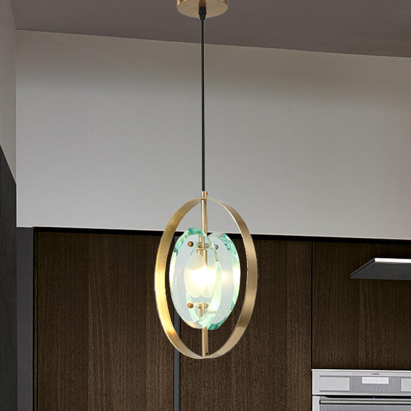 Gold Oval Frame Pendant Ceiling Light Contemporary 1 Head Metal Hanging Light Fixture with Clear Crystal Shade Clearhalo 'Ceiling Lights' 'Modern Pendants' 'Modern' 'Pendant Lights' 'Pendants' Lighting' 257353