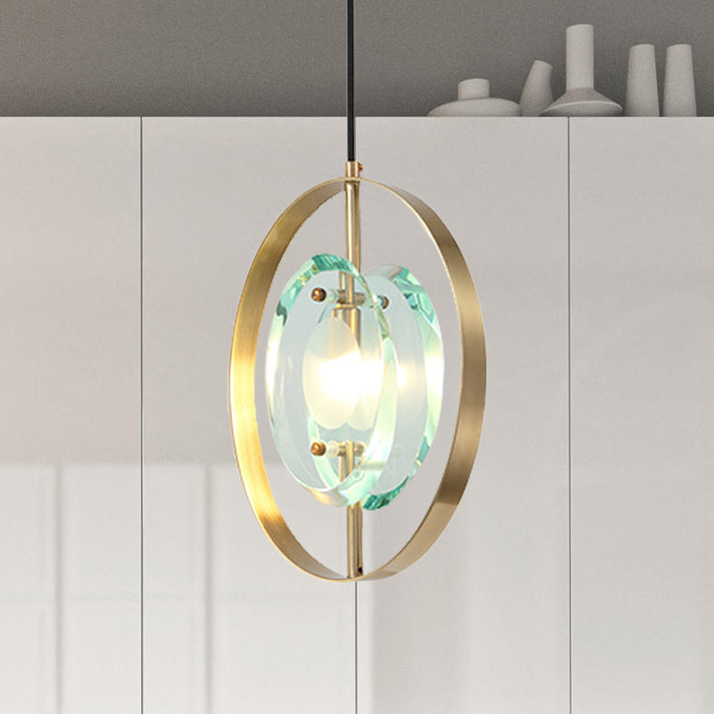 Gold Oval Frame Pendant Ceiling Light Contemporary 1 Head Metal Hanging Light Fixture with Clear Crystal Shade Gold Clearhalo 'Ceiling Lights' 'Modern Pendants' 'Modern' 'Pendant Lights' 'Pendants' Lighting' 257354