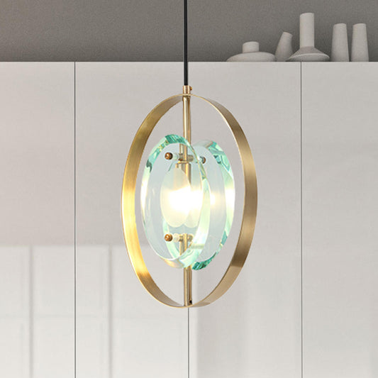 Gold Oval Frame Pendant Ceiling Light Contemporary 1 Head Metal Hanging Light Fixture with Clear Crystal Shade Gold Clearhalo 'Ceiling Lights' 'Modern Pendants' 'Modern' 'Pendant Lights' 'Pendants' Lighting' 257354