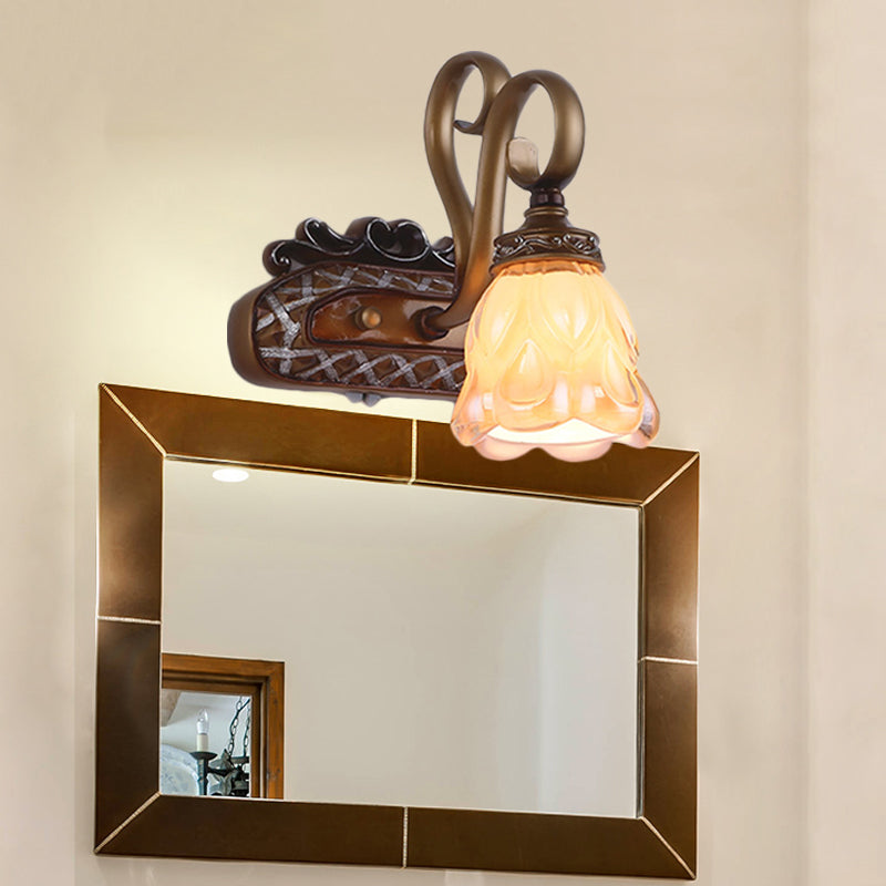 Tan Textured Glass Iron Sconce Flared 1/2 Lights Traditional Wall Mounted Vanity Light Clearhalo 'Vanity Lights' 'Wall Lights' Lighting' 257370