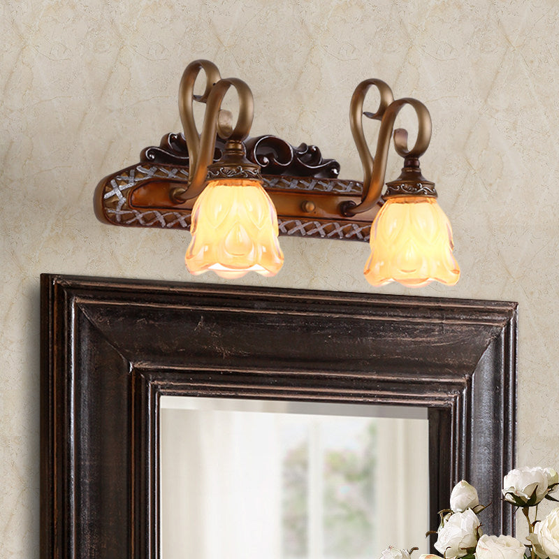 Tan Textured Glass Iron Sconce Flared 1/2 Lights Traditional Wall Mounted Vanity Light 2.0 Iron Clearhalo 'Vanity Lights' 'Wall Lights' Lighting' 257374