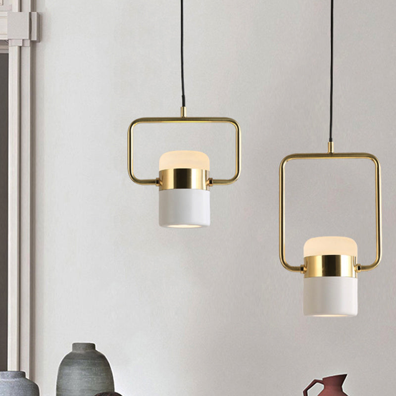 Square Frame Pendant Ceiling Light Modern Metal 1 Head Gold Hanging Light Kit with Cylinder White Glass Shade Clearhalo 'Ceiling Lights' 'Modern Pendants' 'Modern' 'Pendant Lights' 'Pendants' Lighting' 257380