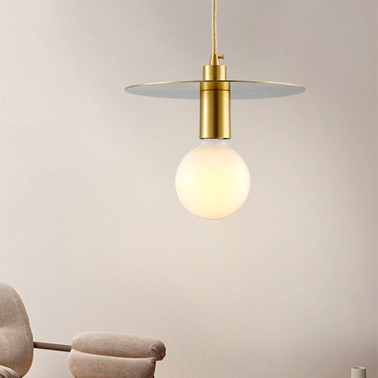 Postmodern Globe Pendant Light White Glass 1 Head Bedroom Hanging Lamp Kit with Gold Disc Metal Shade Gold Clearhalo 'Ceiling Lights' 'Glass shade' 'Glass' 'Modern Pendants' 'Modern' 'Pendant Lights' 'Pendants' Lighting' 257411