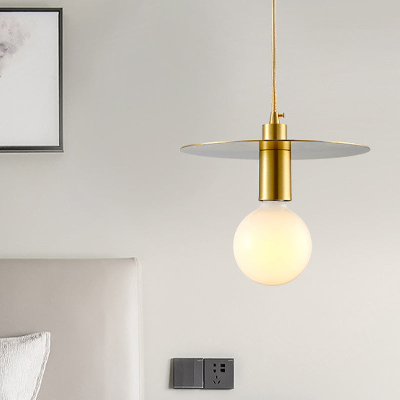 Postmodern Globe Pendant Light White Glass 1 Head Bedroom Hanging Lamp Kit with Gold Disc Metal Shade Clearhalo 'Ceiling Lights' 'Glass shade' 'Glass' 'Modern Pendants' 'Modern' 'Pendant Lights' 'Pendants' Lighting' 257412