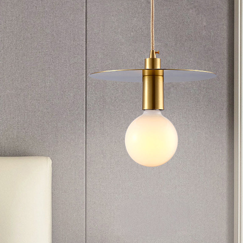 Postmodern Globe Pendant Light White Glass 1 Head Bedroom Hanging Lamp Kit with Gold Disc Metal Shade Clearhalo 'Ceiling Lights' 'Glass shade' 'Glass' 'Modern Pendants' 'Modern' 'Pendant Lights' 'Pendants' Lighting' 257413