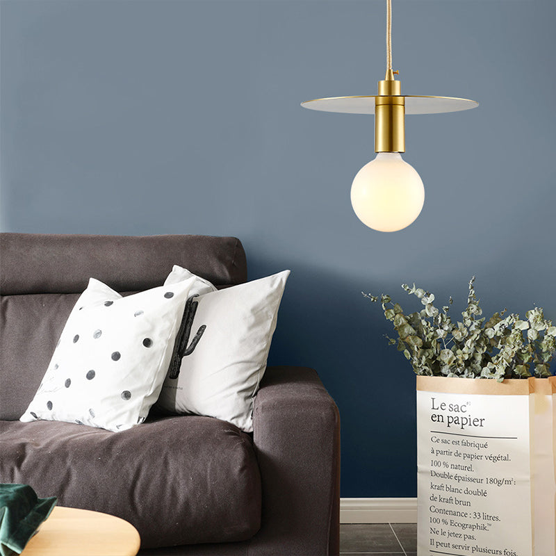 Postmodern Globe Pendant Light White Glass 1 Head Bedroom Hanging Lamp Kit with Gold Disc Metal Shade Clearhalo 'Ceiling Lights' 'Glass shade' 'Glass' 'Modern Pendants' 'Modern' 'Pendant Lights' 'Pendants' Lighting' 257414