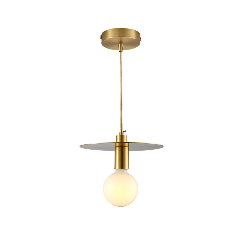 Postmodern Globe Pendant Light White Glass 1 Head Bedroom Hanging Lamp Kit with Gold Disc Metal Shade Clearhalo 'Ceiling Lights' 'Glass shade' 'Glass' 'Modern Pendants' 'Modern' 'Pendant Lights' 'Pendants' Lighting' 257415