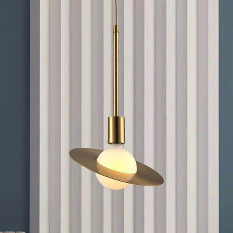 Postmodern Orbit Pendant Lamp White Glass 1 Head Hanging Light Kit with Gold Disc Metal Shade Gold Clearhalo 'Ceiling Lights' 'Glass shade' 'Glass' 'Modern Pendants' 'Modern' 'Pendant Lights' 'Pendants' Lighting' 257432