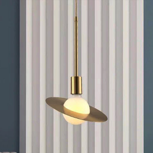 Postmodern Orbit Pendant Lamp White Glass 1 Head Hanging Light Kit with Gold Disc Metal Shade Gold Clearhalo 'Ceiling Lights' 'Glass shade' 'Glass' 'Modern Pendants' 'Modern' 'Pendant Lights' 'Pendants' Lighting' 257432