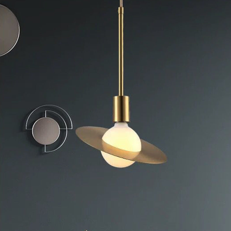 Postmodern Orbit Pendant Lamp White Glass 1 Head Hanging Light Kit with Gold Disc Metal Shade Clearhalo 'Ceiling Lights' 'Glass shade' 'Glass' 'Modern Pendants' 'Modern' 'Pendant Lights' 'Pendants' Lighting' 257434