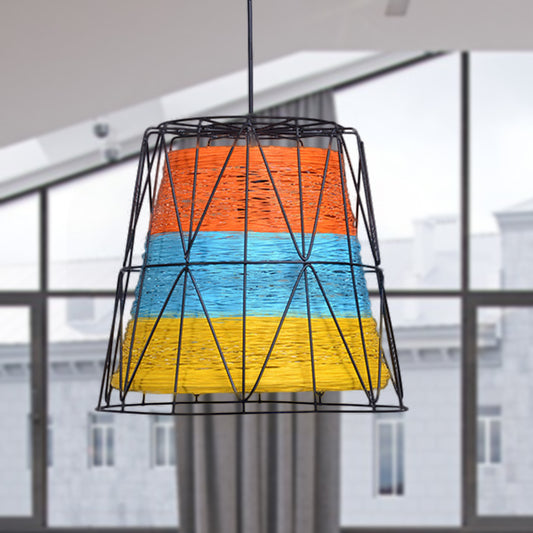 Bucket Ceiling Light Lodge Style Metallic and Rope 1 Light White/Blue-Orange-Yellow Pendant Lamp with Wire Frame Blue-Orange-Yellow Clearhalo 'Art Deco Pendants' 'Cast Iron' 'Ceiling Lights' 'Ceramic' 'Crystal' 'Industrial Pendants' 'Industrial' 'Metal' 'Middle Century Pendants' 'Pendant Lights' 'Pendants' 'Tiffany' Lighting' 257510
