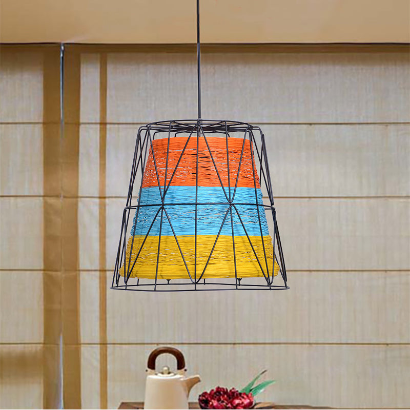 Bucket Ceiling Light Lodge Style Metallic and Rope 1 Light White/Blue-Orange-Yellow Pendant Lamp with Wire Frame Clearhalo 'Art Deco Pendants' 'Cast Iron' 'Ceiling Lights' 'Ceramic' 'Crystal' 'Industrial Pendants' 'Industrial' 'Metal' 'Middle Century Pendants' 'Pendant Lights' 'Pendants' 'Tiffany' Lighting' 257511