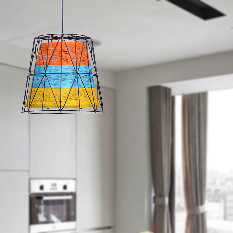 Bucket Ceiling Light Lodge Style Metallic and Rope 1 Light White/Blue-Orange-Yellow Pendant Lamp with Wire Frame Clearhalo 'Art Deco Pendants' 'Cast Iron' 'Ceiling Lights' 'Ceramic' 'Crystal' 'Industrial Pendants' 'Industrial' 'Metal' 'Middle Century Pendants' 'Pendant Lights' 'Pendants' 'Tiffany' Lighting' 257512