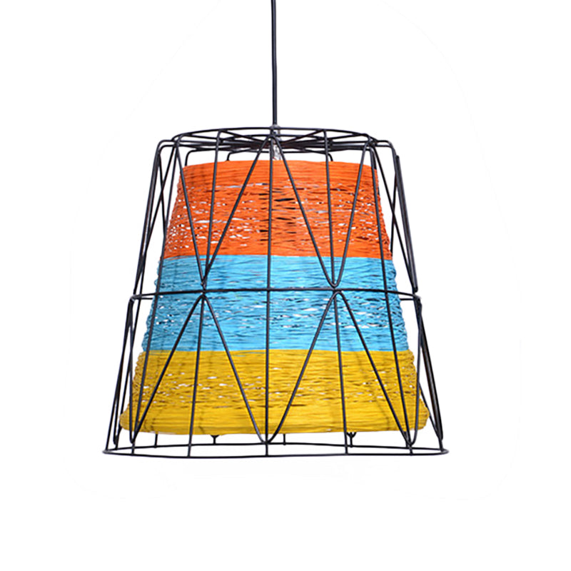 Bucket Ceiling Light Lodge Style Metallic and Rope 1 Light White/Blue-Orange-Yellow Pendant Lamp with Wire Frame Clearhalo 'Art Deco Pendants' 'Cast Iron' 'Ceiling Lights' 'Ceramic' 'Crystal' 'Industrial Pendants' 'Industrial' 'Metal' 'Middle Century Pendants' 'Pendant Lights' 'Pendants' 'Tiffany' Lighting' 257513