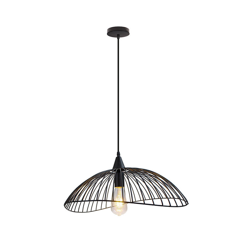 8"/19.5" Dia Caged Ceiling Light Industrial Style Metal 1 Head Kitchen Suspension Light with Waveforms Design in Black Clearhalo 'Art Deco Pendants' 'Black' 'Cast Iron' 'Ceiling Lights' 'Ceramic' 'Crystal' 'Industrial Pendants' 'Industrial' 'Metal' 'Middle Century Pendants' 'Pendant Lights' 'Pendants' 'Rustic Pendants' 'Tiffany' Lighting' 257532