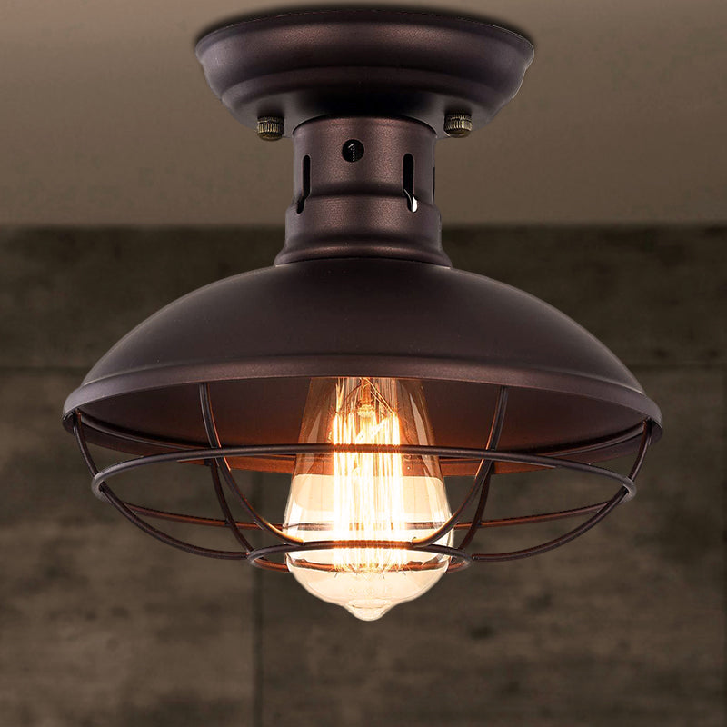 Barn Shade Kitchen Semi Mount Light Wrought Iron 1 Head Ceiling Flush Mount with Wire Guard in Antique Bronze/Bronze Clearhalo 'Ceiling Lights' 'Close To Ceiling Lights' 'Close to ceiling' 'Semi-flushmount' Lighting' 257533