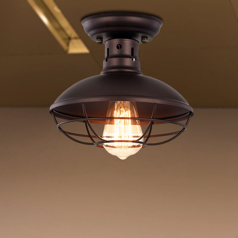 Barn Shade Kitchen Semi Mount Light Wrought Iron 1 Head Ceiling Flush Mount with Wire Guard in Antique Bronze/Bronze Bronze Clearhalo 'Ceiling Lights' 'Close To Ceiling Lights' 'Close to ceiling' 'Semi-flushmount' Lighting' 257534