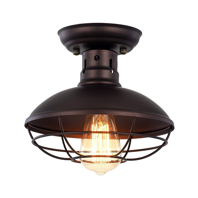 Barn Shade Kitchen Semi Mount Light Wrought Iron 1 Head Ceiling Flush Mount with Wire Guard in Antique Bronze/Bronze Clearhalo 'Ceiling Lights' 'Close To Ceiling Lights' 'Close to ceiling' 'Semi-flushmount' Lighting' 257536