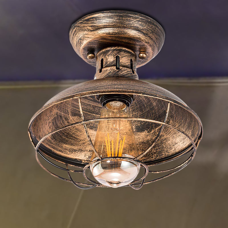 Barn Shade Kitchen Semi Mount Light Wrought Iron 1 Head Ceiling Flush Mount with Wire Guard in Antique Bronze/Bronze Antique Bronze Clearhalo 'Ceiling Lights' 'Close To Ceiling Lights' 'Close to ceiling' 'Semi-flushmount' Lighting' 257538