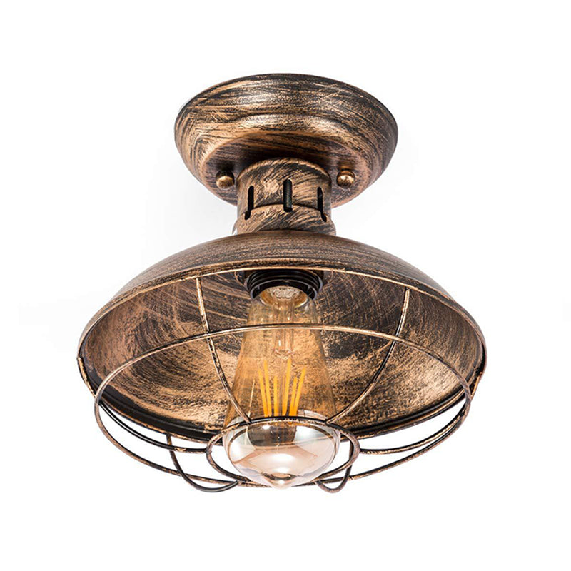 Barn Shade Kitchen Semi Mount Light Wrought Iron 1 Head Ceiling Flush Mount with Wire Guard in Antique Bronze/Bronze Clearhalo 'Ceiling Lights' 'Close To Ceiling Lights' 'Close to ceiling' 'Semi-flushmount' Lighting' 257541