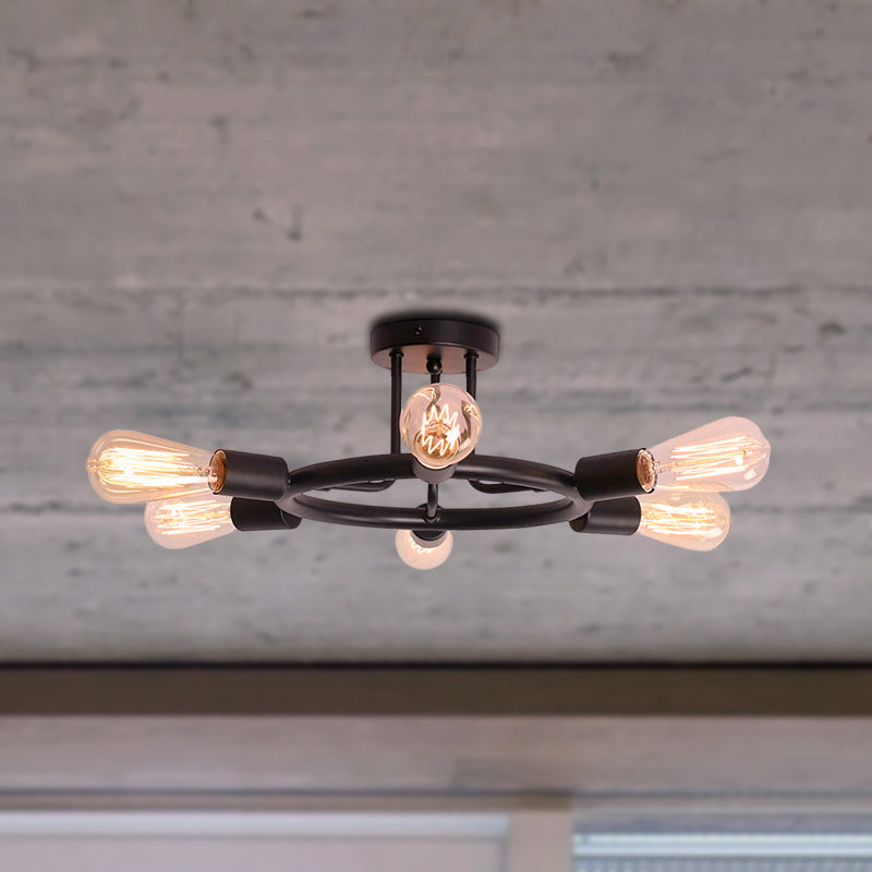 Bare Bulb Semi Flush Ceiling Light Mid Century Metallic 6 Heads Semi Mount Light in Brass/Black Finish Black Clearhalo 'Ceiling Lights' 'Close To Ceiling Lights' 'Close to ceiling' 'Semi-flushmount' Lighting' 257559