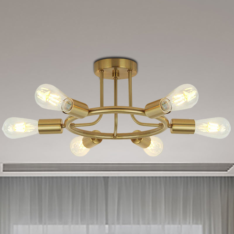 Bare Bulb Semi Flush Ceiling Light Mid Century Metallic 6 Heads Semi Mount Light in Brass/Black Finish Brass Clearhalo 'Ceiling Lights' 'Close To Ceiling Lights' 'Close to ceiling' 'Semi-flushmount' Lighting' 257562