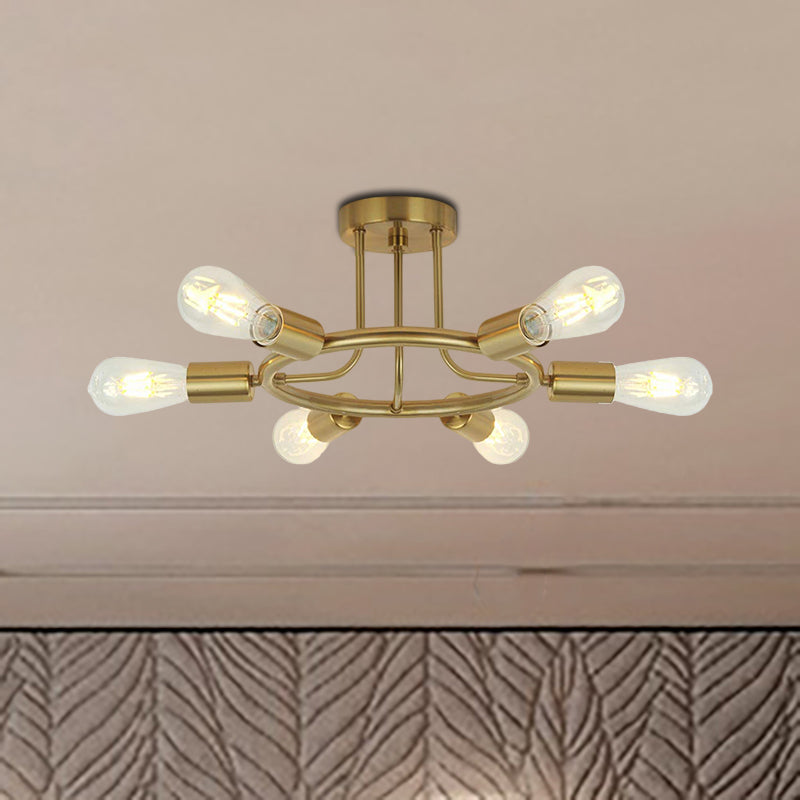 Bare Bulb Semi Flush Ceiling Light Mid Century Metallic 6 Heads Semi Mount Light in Brass/Black Finish Clearhalo 'Ceiling Lights' 'Close To Ceiling Lights' 'Close to ceiling' 'Semi-flushmount' Lighting' 257563